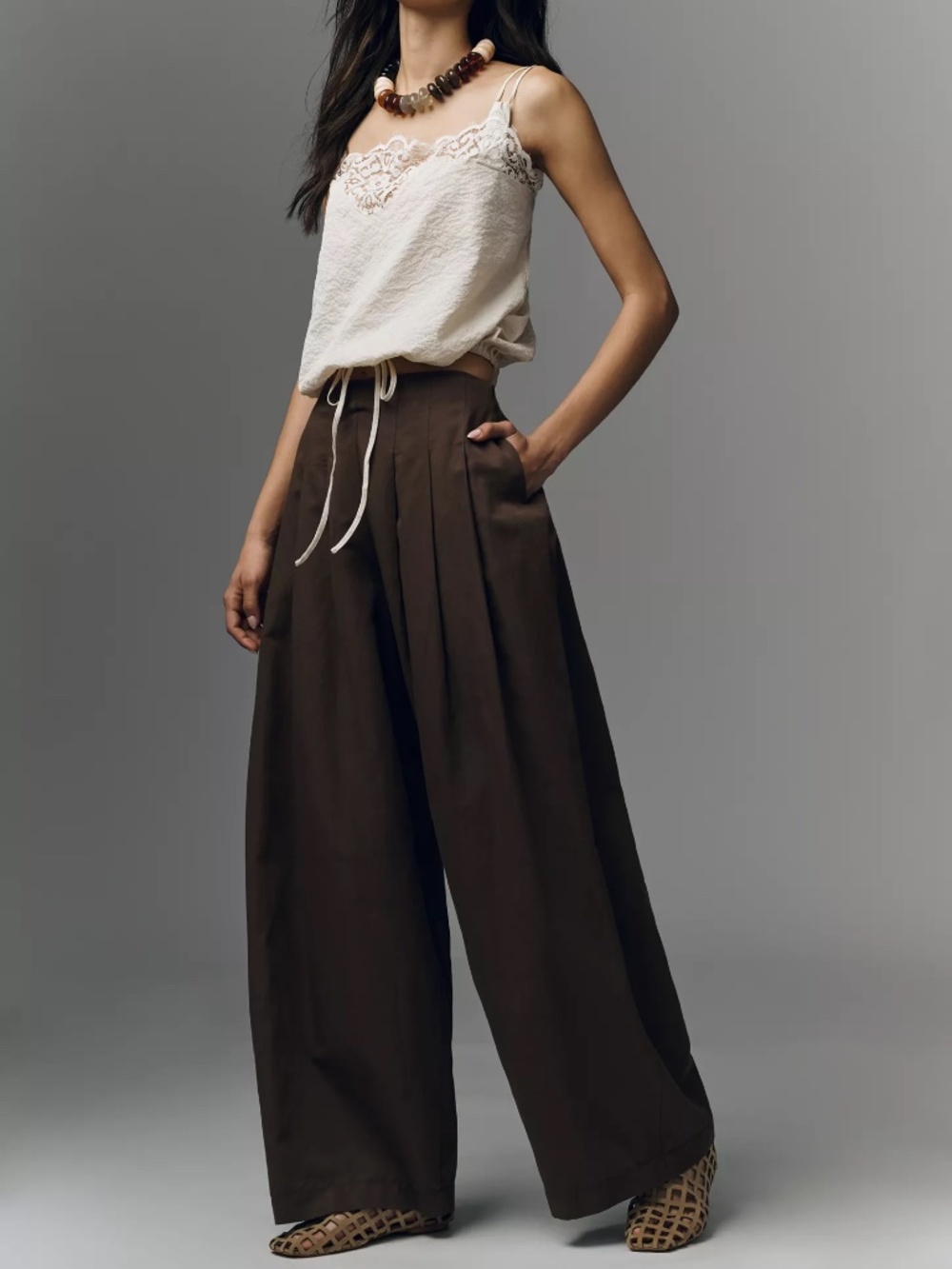 Anthropologie Maeve Pleated Trousers Wide Barrel Leg Cotton Linen Blend BROWN - Picture 2 of 8